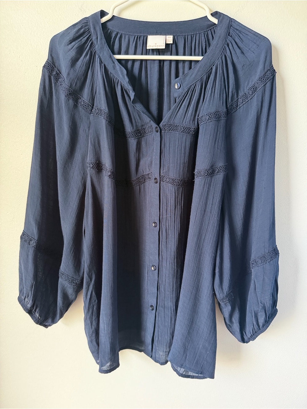 Sharagano Navy Button-Front Peasant Blouse